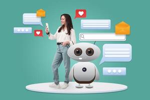 A woman stands against a colorful background, holding a smartphone and looking at a friendly AI robot. Various chat bubbles and icons surround them, illustrating modern virtual assistance technology. photo