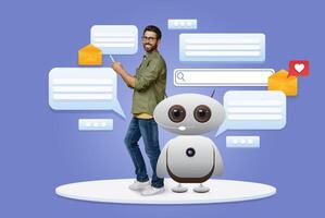 A man engages with an AI-powered virtual assistant amid chat bubbles and notifications. The setup highlights modern technology's role in everyday interactions and efficient communication. photo