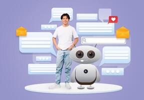 A young Asian man stands next to a friendly robot as he interact in a vibrant digital environment filled with chat bubbles. The setting highlights the role of AI in modern communication. photo
