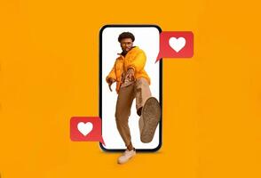 A person interacts with a smartphone, showcasing messages of love and connection. Bright colors enhance the theme of romance and technology, perfect for Valentine's Day celebrations. photo