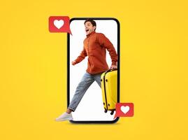 A person joyfully walks out of a smartphone screen while carrying a yellow suitcase. Love symbols appear on the screen, highlighting the blend of travel, technology, and social connection. photo