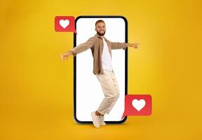 In a vibrant setting, a joyful person interacts with a smartphone, surrounded by heart icons symbolizing love and connection through messaging applications. photo