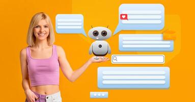 A woman holds a small robot in her hand as text bubbles surround her, indicating interaction. This represents the role of AI in enhancing communication in today's tech-driven society. photo