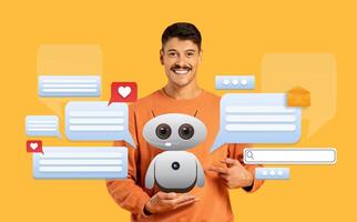 A man with a friendly demeanor interacts with a virtual AI assistant, surrounded by chat bubbles. photo