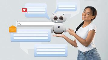 A young woman interacts with a friendly AI assistant, showcasing modern technology's role in daily life. She smiles while pointing at chat bubbles and an email icon, highlighting user engagement. photo
