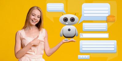 A young woman smiling while holding a small robot on her palm, representing modern virtual assistance. Speech bubbles filled with text surround her against a bright yellow background. photo