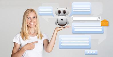 A woman interacts with a virtual assistant while pointing at a chatbot. The background features various message bubbles, symbolizing communication through modern AI technology. photo