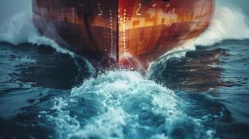 A large ship propels forward, creating splashes and waves as it glides through the calm sea during the early morning. The sunlight reflects on the water's surface. photo