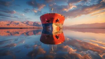 An oil tanker rests peacefully on calm waters at sunset. The vibrant colors of the sky and mountains are mirrored in the still surface, creating a serene atmosphere. photo