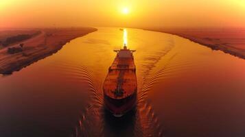 Cargo ship moves steadily along the river at sunset, casting reflections on the water while the vibrant orange sun slowly descends on the horizon, illuminating the serene landscape. photo