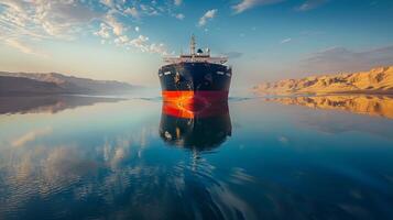 A large cargo ship is anchored in tranquil waters reflecting a beautiful sunrise. The surrounding landscape features golden cliffs under a clear sky, creating a stunning backdrop. photo