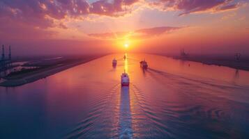 Cruise ships navigate a peaceful waterway as the sun sets, casting radiant colors across the sky and water, creating a serene atmosphere during twilight. photo