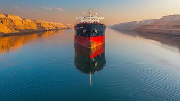 A large cargo ship makes its way through the Suez Canal with cliffs reflecting in the calm water as the sun sets, creating a serene atmosphere for maritime travel. photo