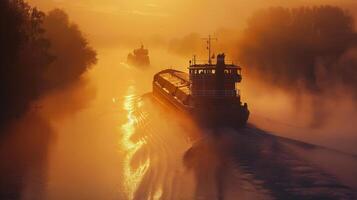 Two boats glide along a serene river as the sun sets, illuminating the water with golden hues while a soft mist envelops the landscape in the early evening light. photo