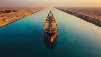 A large container ship moves smoothly through a wide canal under a vibrant sunset, contrasting with the dry terrain beside the waterway, highlighting maritime trade. photo