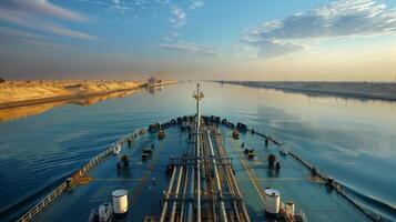 A cargo vessel moves smoothly through a tranquil canal just after sunrise, reflecting soft colors on the water while sandy banks line the route. photo