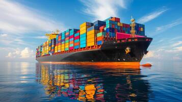 A substantial container ship sails smoothly through calm waters under a bright sky, showcasing an array of colorful shipping containers stacked high on its deck. photo