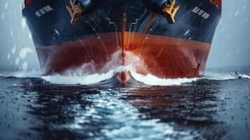 A massive cargo vessel is cutting through tumultuous waters on a stormy evening, with waves splashing against its bow and rain falling around it. photo