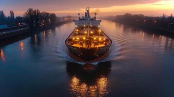 A large cargo ship moves steadily along a tranquil river at dusk. The deck is brightly lit, contrasting with the soft hues of the sunset and the surrounding landscape. photo
