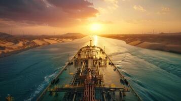 A large cargo ship moves steadily through the canal during sunset, casting reflections on the water's surface, surrounded by a scenic landscape and distant wind turbines. photo