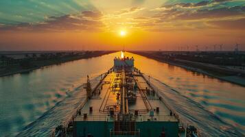 A large vessel moves through a canal during sunset, casting golden reflections on the water while wind turbines stand tall along the shoreline. photo