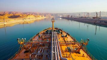 A tanker sails smoothly through a canal surrounded by sandstone cliffs at sunrise. The warm light reflects off the tranquil water, showcasing industrial structures in the distance. photo