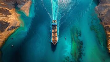 A cargo ship is traveling through clear blue waters, leaving ripples behind as it moves. Sandy beaches and vibrant shades of aqua surround the vessel, creating a serene coastal view. photo