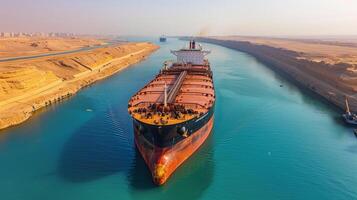 A massive cargo vessel sails smoothly through the Suez Canal. Clear skies accompany the scene, with desert terrain visible on both sides, reflecting a serene maritime journey. photo