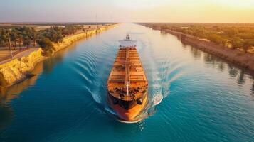 A large cargo vessel glides smoothly through a tranquil canal during sunset. Vibrant colors fill the sky, while palm trees stand tall along the shoreline, creating a peaceful landscape. photo