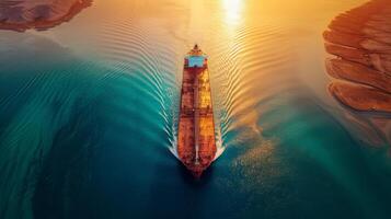 A large cargo ship navigates tranquil waters as the sun sets, casting golden reflections on the surface. The shoreline is lined with rocky features, creating a picturesque backdrop. photo