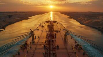 A vessel sails along a waterway at sunset, illuminating the sky with warm hues as reflections dance on the water's surface. Surrounding landscapes add to the calm atmosphere. photo