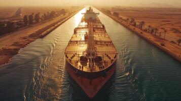 A large cargo ship moves slowly through a canal, reflecting golden sunlight on the water while the sun sets in a clear sky, surrounded by scenic landscapes and palm trees. photo