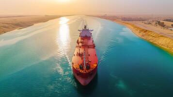 A large cargo ship travels through the Suez Canal, leaving gentle ripples in the deep blue water under a warm golden sunset creating a serene atmosphere. photo