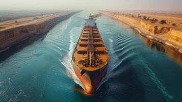 A cargo ship moves steadily through the Suez Canal under clear skies, surrounded by sandy cliffs and smooth waters, highlighting a vital maritime trade route at dawn. photo