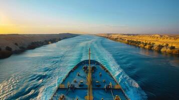 The vessel sails smoothly along the Suez Canal, with the sun setting on the horizon, casting a warm glow over the landscape and water. The gentle waves leave a wake behind. photo