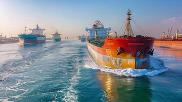 Freight ships maneuver through a bustling port, reflecting the colors of the sunset on calm waters while engaging in commercial maritime operations. photo