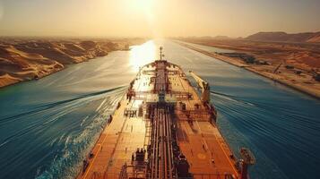 A ship moves forward through a narrow waterway at sunrise, casting reflections on the serene surface. Desert dunes are visible on either side under a clear sky. photo