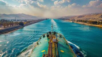 A cargo vessel moves steadily through a wide canal, flanked by mountains and lush greenery under a bright sky. The afternoon sunlight creates reflections on the water's surface. photo