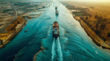 Cargo ships travel through a vast waterway, leaving wake trails behind them during sunset, with land visible on either side and silhouettes of trees and buildings in the background. photo