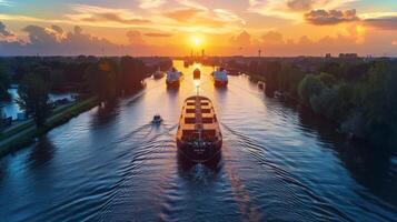 Freight ships travel through a canal as the sun sets in the background, casting a warm golden glow on the water. Lush greenery lines the banks, creating a serene atmosphere. photo