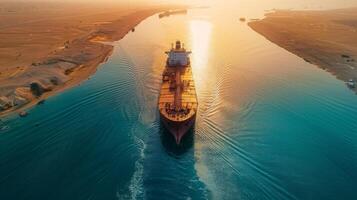 A large ship sails through a narrow waterway, creating ripples in the water as the sun sets, casting a warm glow over the scene and highlighting the sandy shores. photo