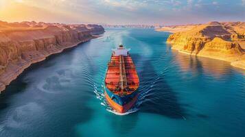 A massive cargo ship traverses a serene waterway, reflecting the golden light of the sunset while flanked by striking rock formations on either side. photo