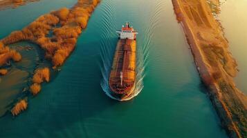 A large cargo ship moves smoothly through a river flanked by vibrant, golden autumn trees. The calm waters reflect the warm hues of sunset, creating a serene atmosphere. photo