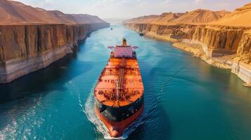 A large cargo ship sails through a narrow waterway flanked by steep, rocky cliffs, reflecting bright sunlight in a vast desert area. photo