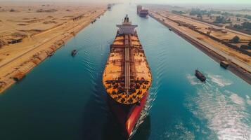 A massive cargo vessel is sailing through a confined waterway bordered by sandy terrain, with smaller boats alongside, all under a bright sunny sky. photo