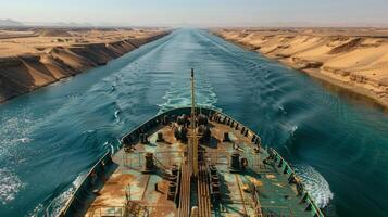 A large vessel makes its way through the Suez Canal, leaving ripples in the water as it moves forward. The arid desert terrain lines both sides, highlighting the waterway's significance. photo