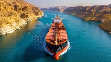 A large cargo ship moves steadily through a narrow channel flanked by towering cliffs, with calm waters reflecting the bright sunlight in a stunning natural setting. photo