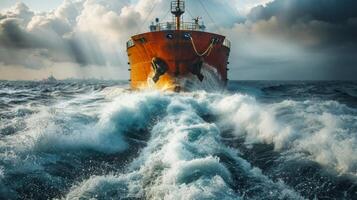 A large cargo ship powers through choppy seas, leaving a wake of frothy water behind it, while dramatic clouds and sunlight create a breathtaking backdrop on the horizon. photo