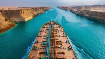 A large cargo vessel sails through the Suez Canal, flanked by dramatic cliffs and pristine blue waters as the sun sets, highlighting the importance of maritime trade routes. photo