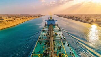 An oil tanker sails through the Suez Canal as the sun sets, casting a golden glow on the water and desert hills. The tranquil atmosphere highlights the maritime journey. photo